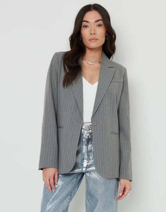 Women's Grey Pinstripe Lined Blazer luxegloweurope.shop