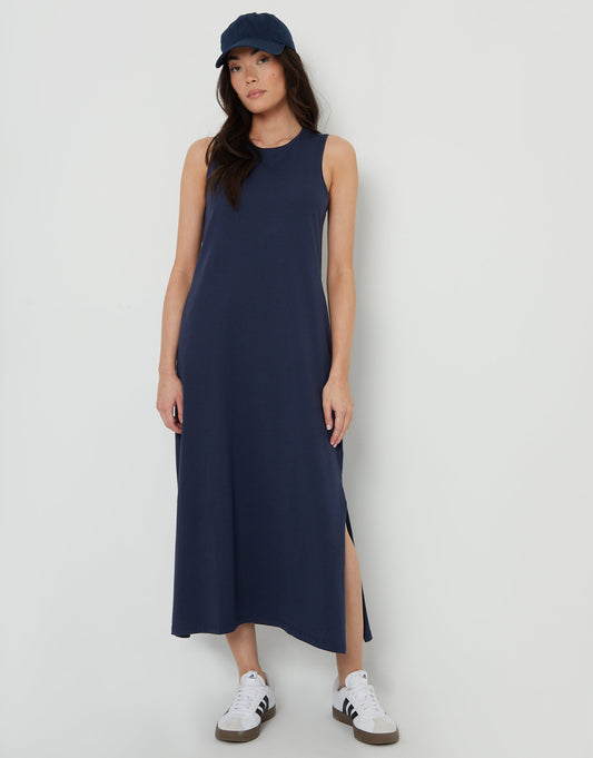 Women's Navy Sleeveless Jersey Midi Dress with Pockets luxegloweurope.shop