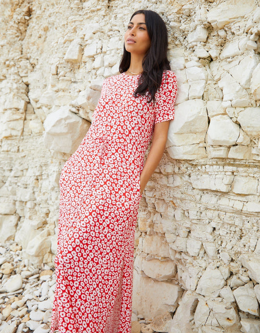 Women's Red Floral Ruched Waist Jersey Midi Dress with Pockets luxegloweurope.shop