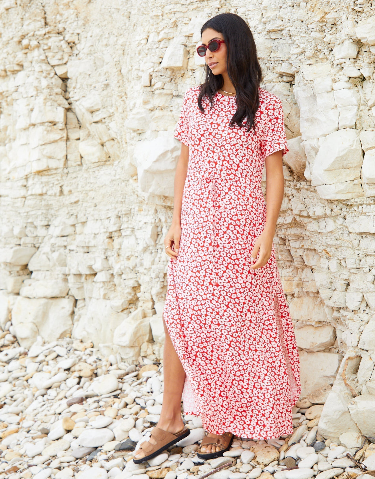 Women's Red Floral Ruched Waist Jersey Midi Dress with Pockets luxegloweurope.shop