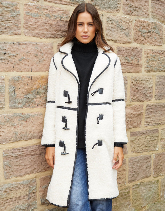 Women's Ecru Longline Fleece Borg Toggle Coat luxegloweurope.shop
