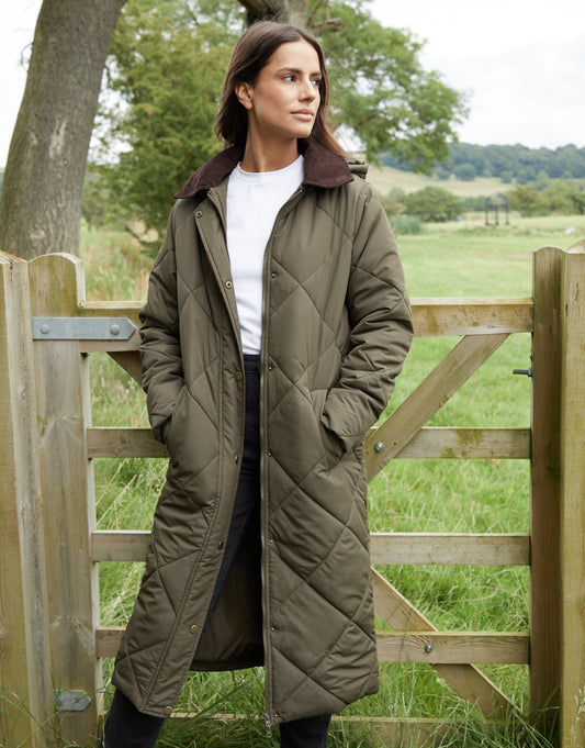 Women's Khaki Diamond Quilted Heritage Longline Barn Jacket with Removable Hood luxegloweurope.shop