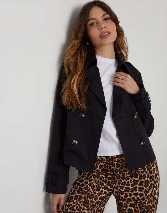 Women's Black Double Breasted Cropped Trench Coat luxegloweurope.shop