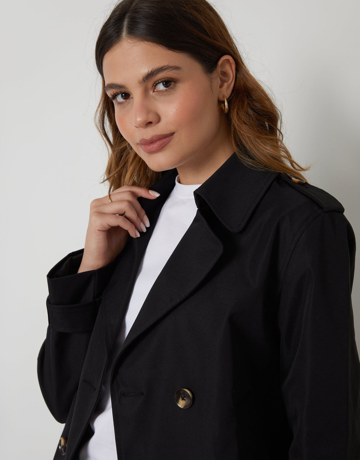 Women's Black Double Breasted Cropped Trench Coat luxegloweurope.shop