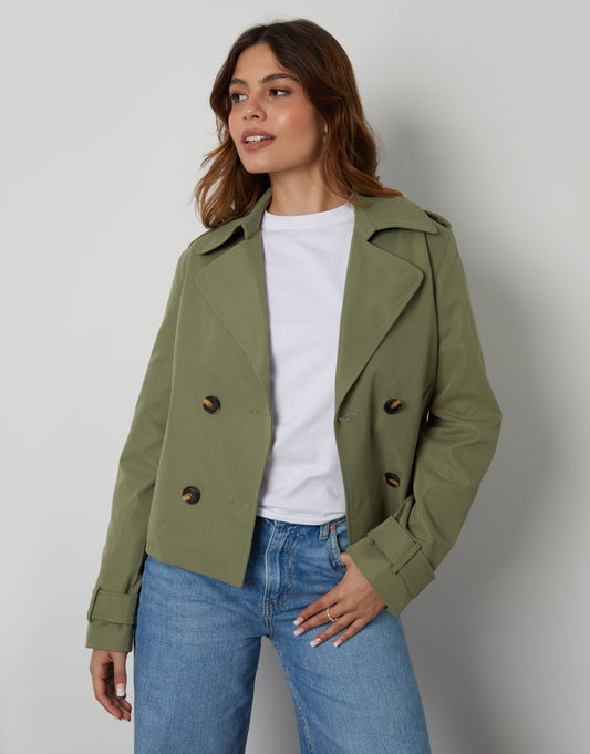 Women's Khaki Double Breasted Cropped Trench Coat luxegloweurope.shop