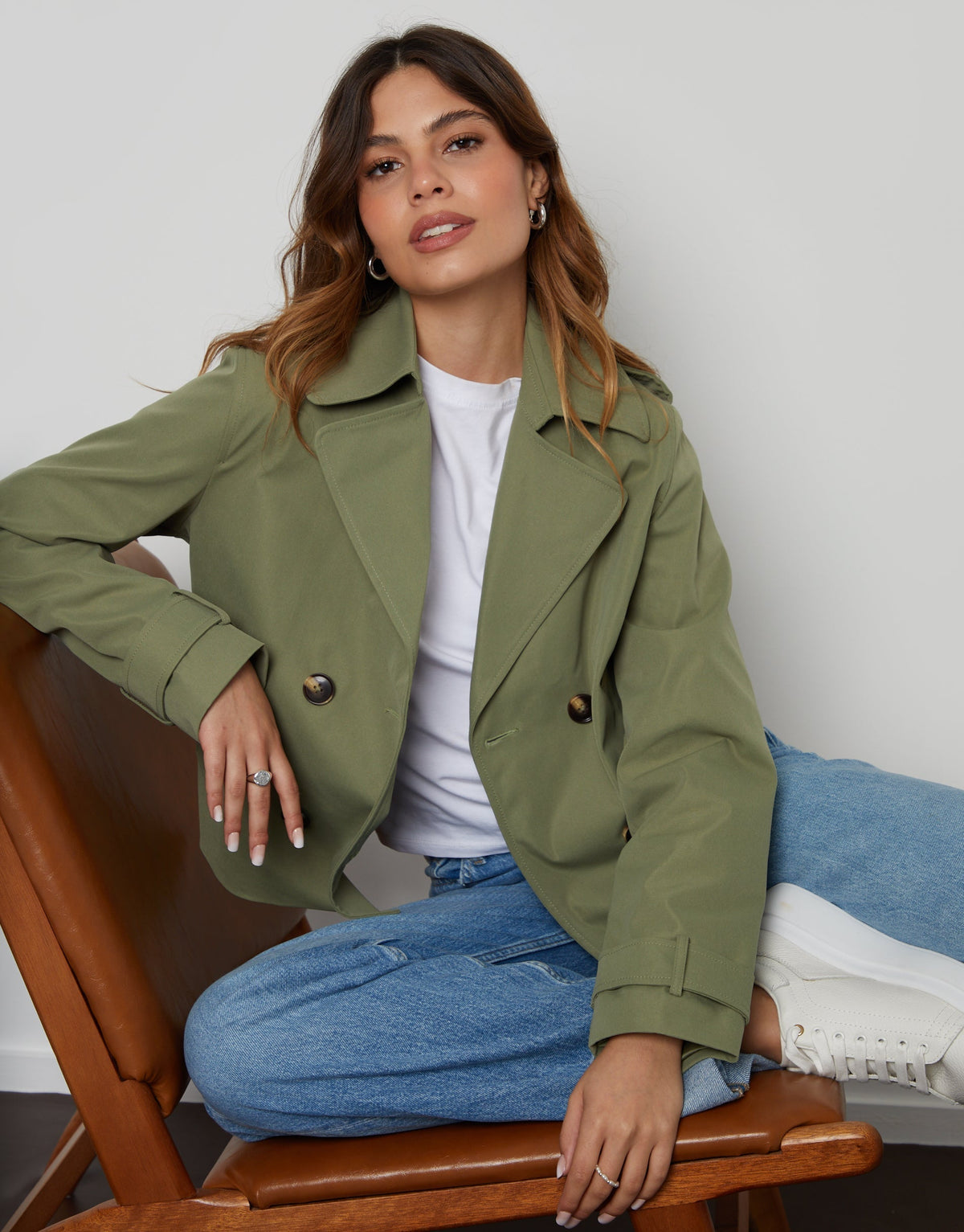 Women's Khaki Double Breasted Cropped Trench Coat luxegloweurope.shop