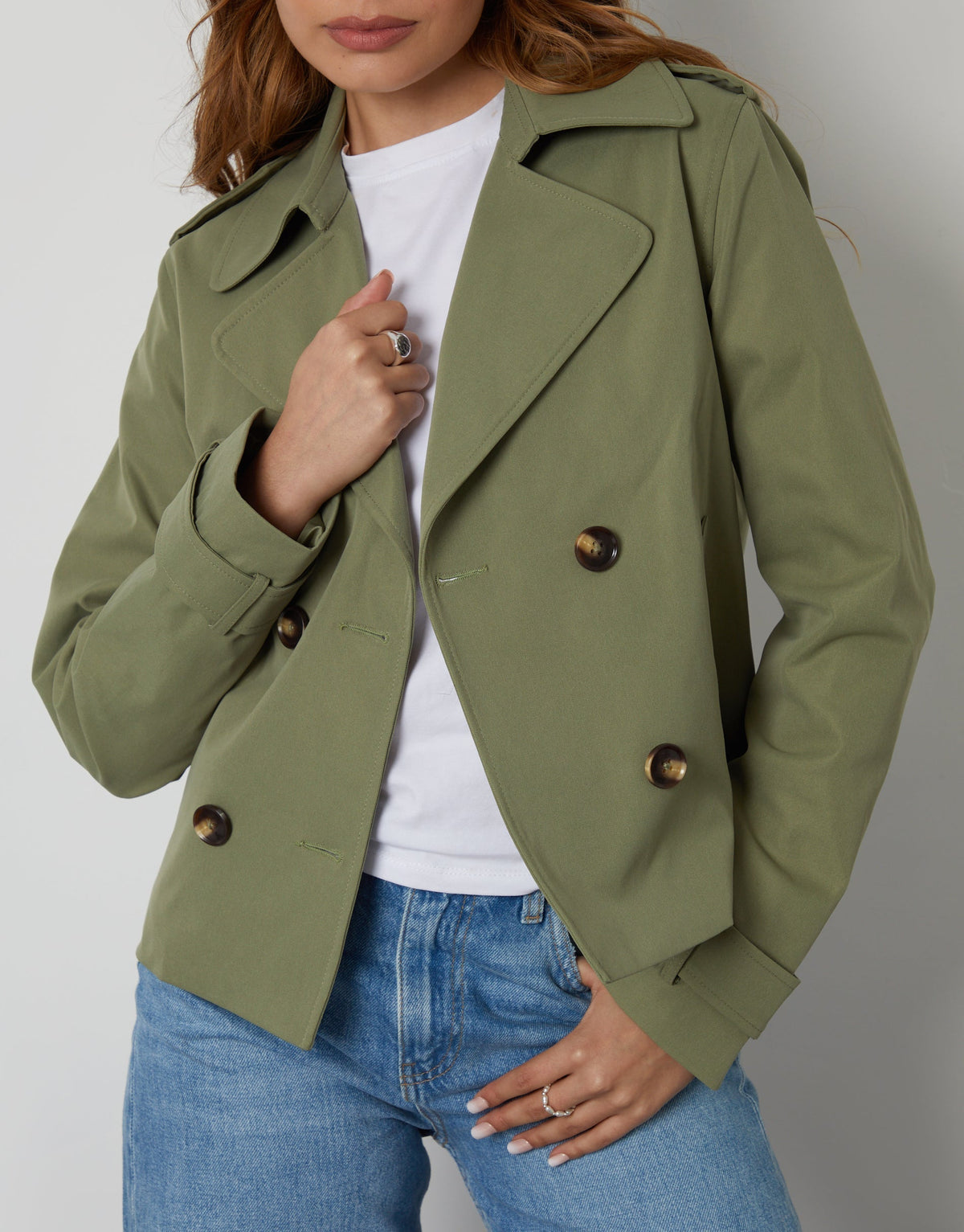 Women's Khaki Double Breasted Cropped Trench Coat luxegloweurope.shop