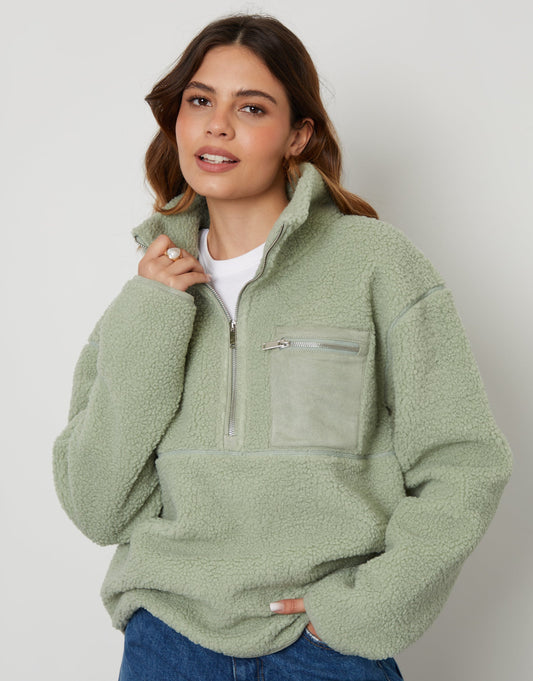 Women's Sage Half Zip Borg Fleece luxegloweurope.shop