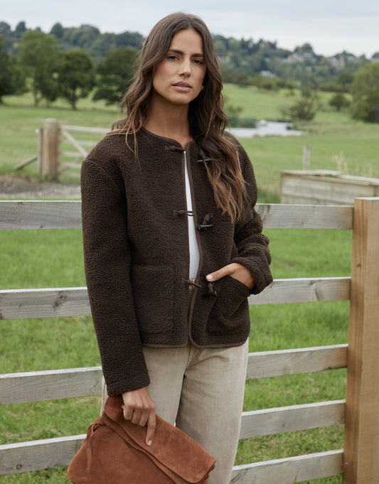 Women's Chocolate Fleece Borg Toggle Jacket luxegloweurope.shop