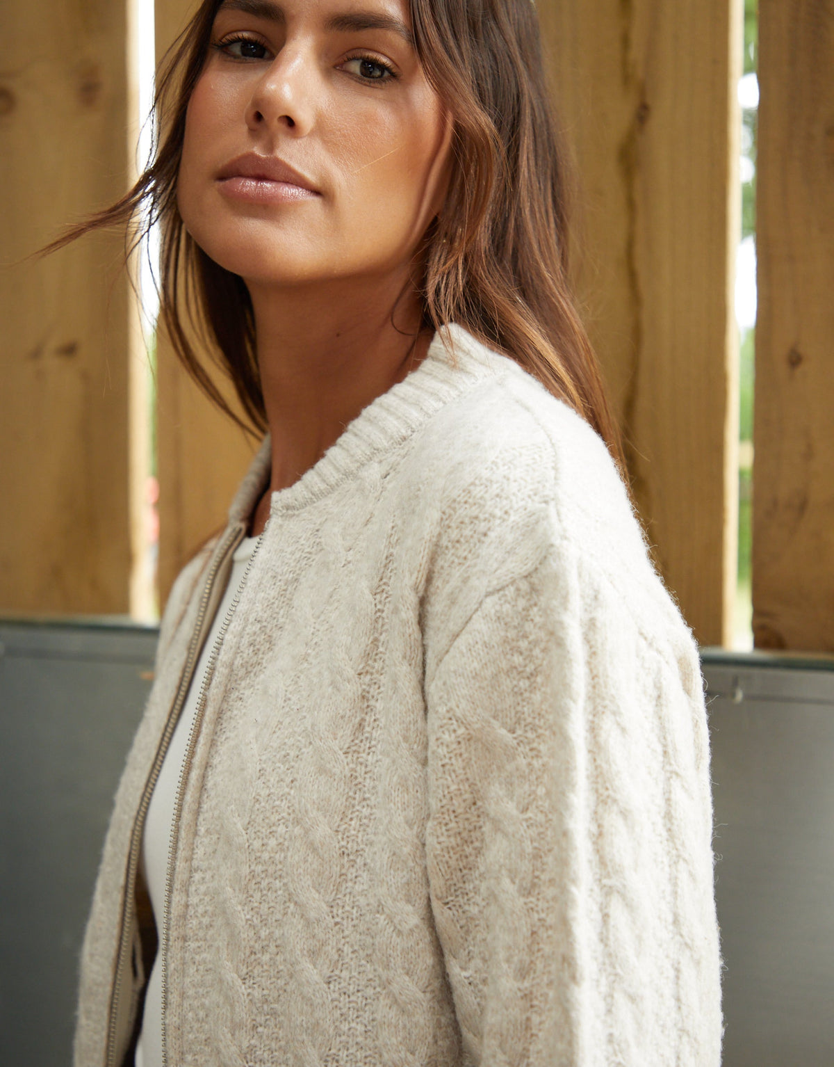 Women's Beige Cable Knit Zip-Up Bomber Jacket luxegloweurope.shop
