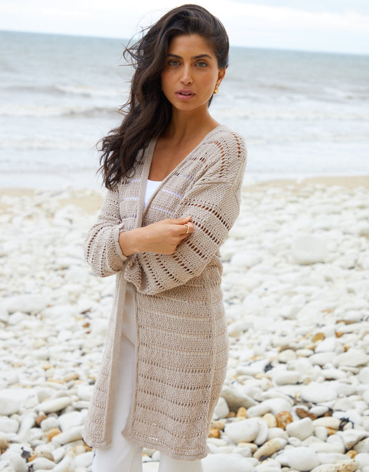 Women's Stone Longline Crochet Cardigan luxegloweurope.shop
