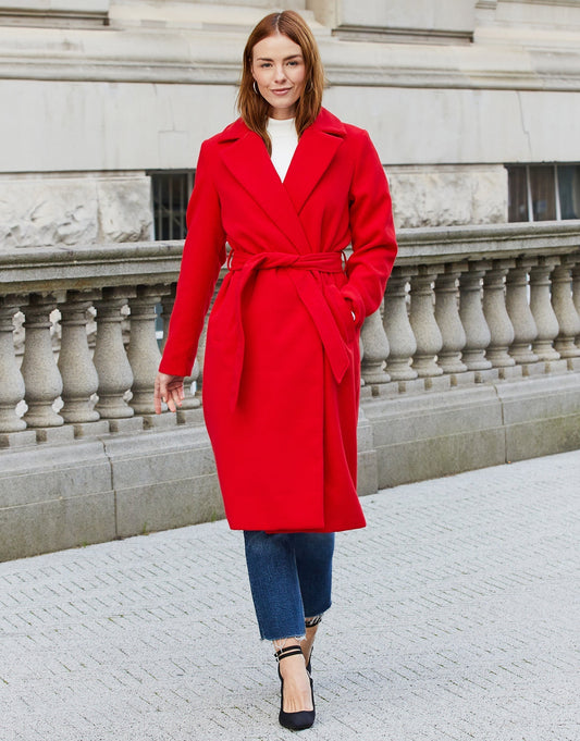 Women's Red Collared Belted Formal Coat luxegloweurope.shop