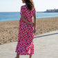 Women's Red Leaf Print Jersey Maxi Dress with Pockets