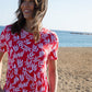 Women's Red Leaf Print Jersey Maxi Dress with Pockets