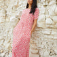 Women's Red Floral Ruched Waist Jersey Midi Dress with Pockets
