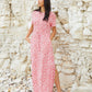 Women's Red Floral Ruched Waist Jersey Midi Dress with Pockets